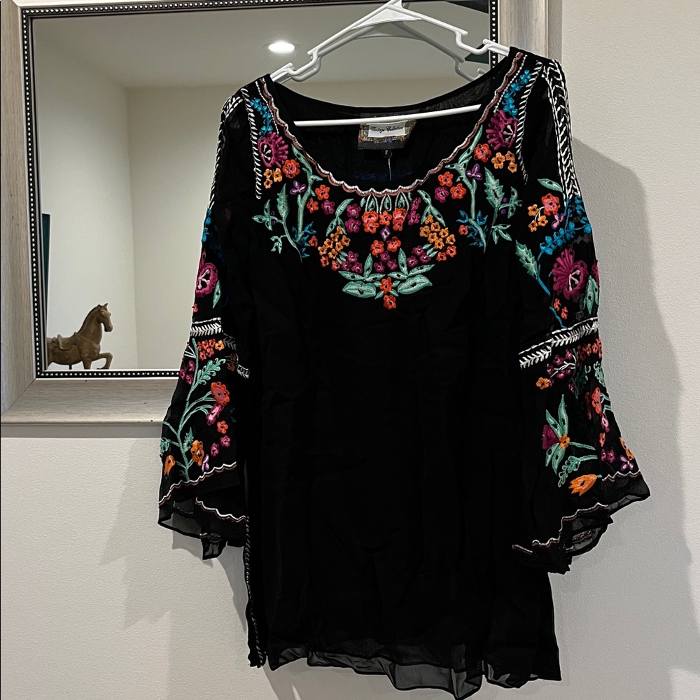 Embroidered Black Boho Tunic Top